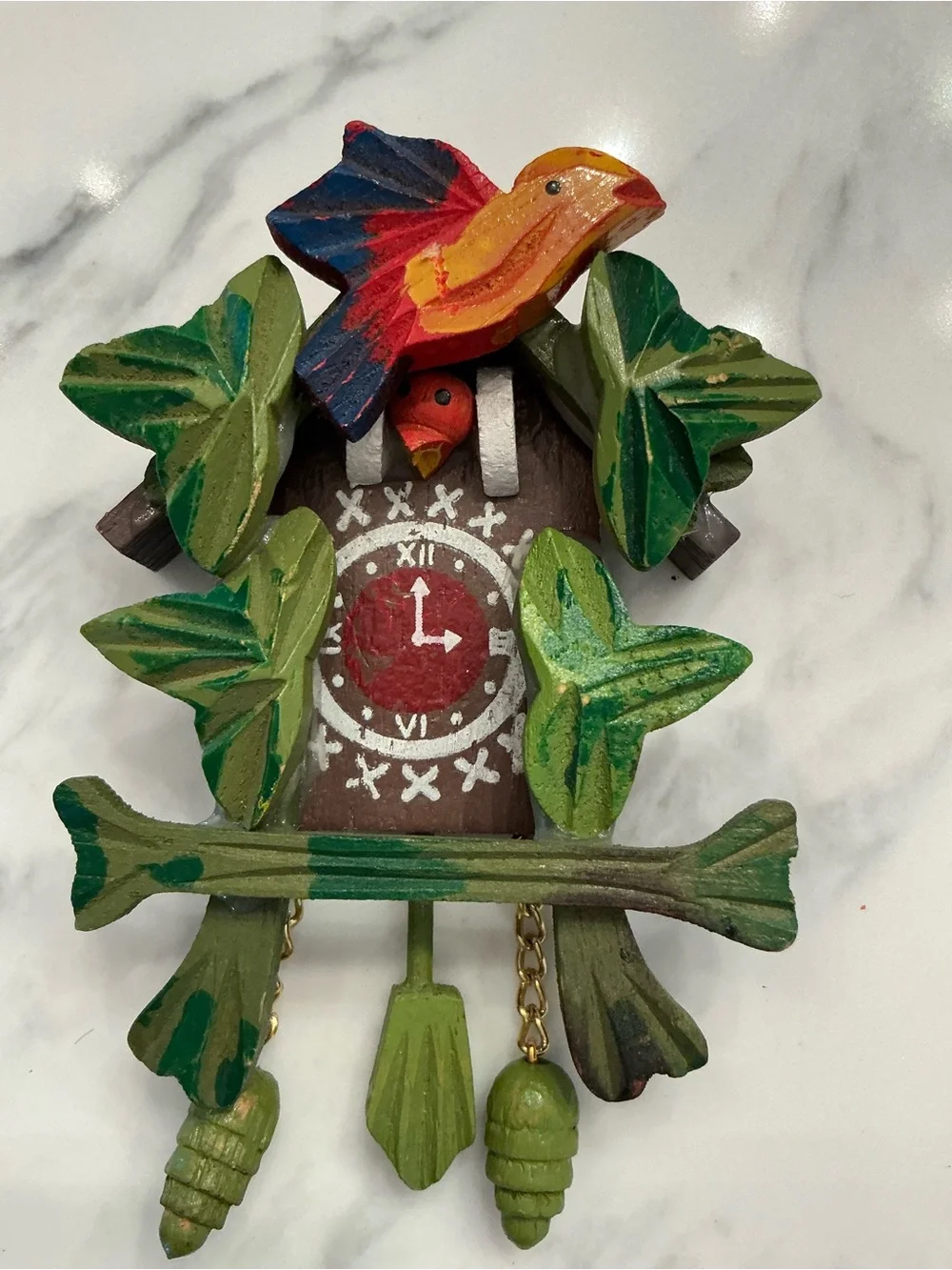 Hand-Painted Miniature Wooden Bird Cuckoo Wall Decor in Green & Red